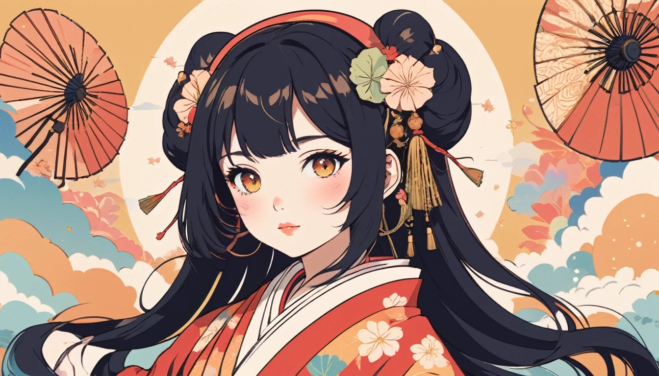 Japanese style headphones、Oiran、Wide-angle lens, Lofi Anime, Lofi illustration, Aesthetic atmosphere, Lo-Fi Style, Vector art, Flat Design, Simple shape, Warm tones, Pleasant atmosphere, Chill, In anime style, Digital drawing, Vector art, Vector logo for t-shirt printing, (Adorable:1.5), (small:1.4), (Playful:1.2), (soft:1.3), (Whimsical:1.1), masterpiece, Highest quality, 8k, Intricate details, grow, Celestial, Mysterious, Picturesque, amazing, Majestic, Magic, Fantasy art, Cover art, dream-like