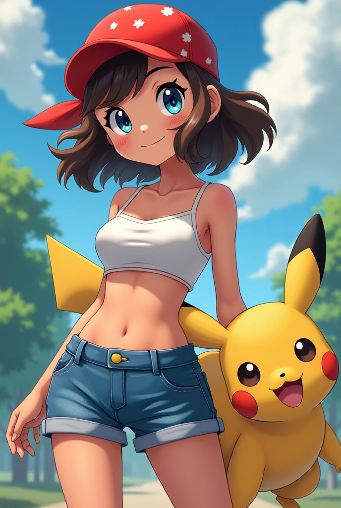 1girl, between breasts, crop top, cleavage, pikachu, shorts,, masterpiece, best quality, highly detailed