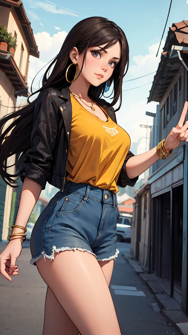 Create an image with the characteristics defined in the tag and avoid using the characteristics defined in the tag. Draw a Brazilian brunette female character, piel oscura, with long dark brown hair that flows smoothly, and a red flower adorning the right side of her head. She should be wearing a yellow T-shirt with the symbol of the Brazilian flag, tied at the waist, and short denim shorts with distressed details. The character should be posing cheerfully, making a peace sign with her right hand, with a confident and friendly expression. Place her in a blue sky background with soft white clouds, capturing a summer vibe. Include details like gold hoop earrings, colorful bracelets, and a thin necklace around her neck. The color palette should be vibrant and joyful, highlighting the sunny atmosphere. Maintain bright lighting and soft shading, with a slight grain effect that mimics a printed screen to give a sense of traditional anime art. Avoid including elements such as weapons, aggressive or sad expressions, urban or nighttime settings, formal clothing, or a dark and gloomy color palette. Do not add other characters or elements that divert attention from the main character.