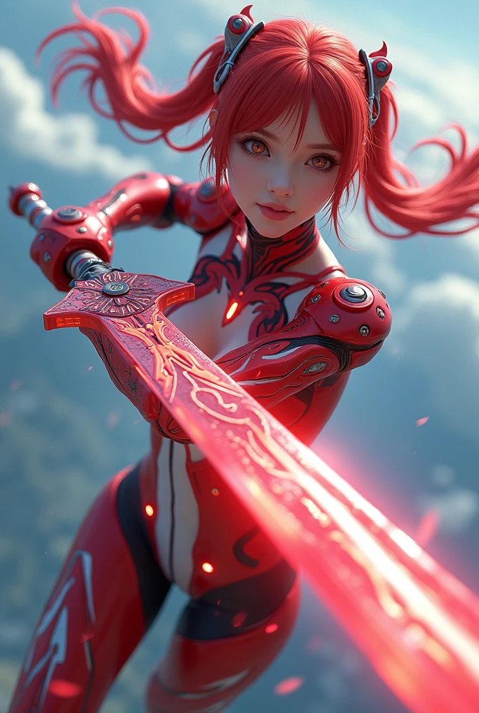 a detailed girl in mechanical red and white robot armor, holding a long red and white sword, flying dynamically through a blue sky, beautiful detailed eyes, lips, skin, long red hair in twin tails, red and white mechanical barrette, highly detailed patterns and shapes of the sword, glow of the sword blade and red beam emission effect, accurate depiction of the hand holding the sword, stabbing the viewer, cinematic lighting, vivid color, 3D rendering, professional photo resolution, award winning