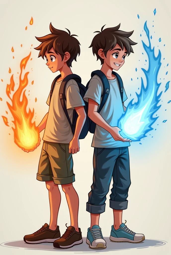 A 2 boy with fire powers and another with ice powers seen as a team. They have more casual clothing and brown hair.