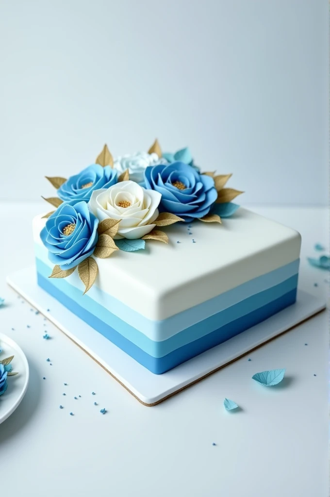 Blue and white square birthday cake with blue and white roses and gold petals