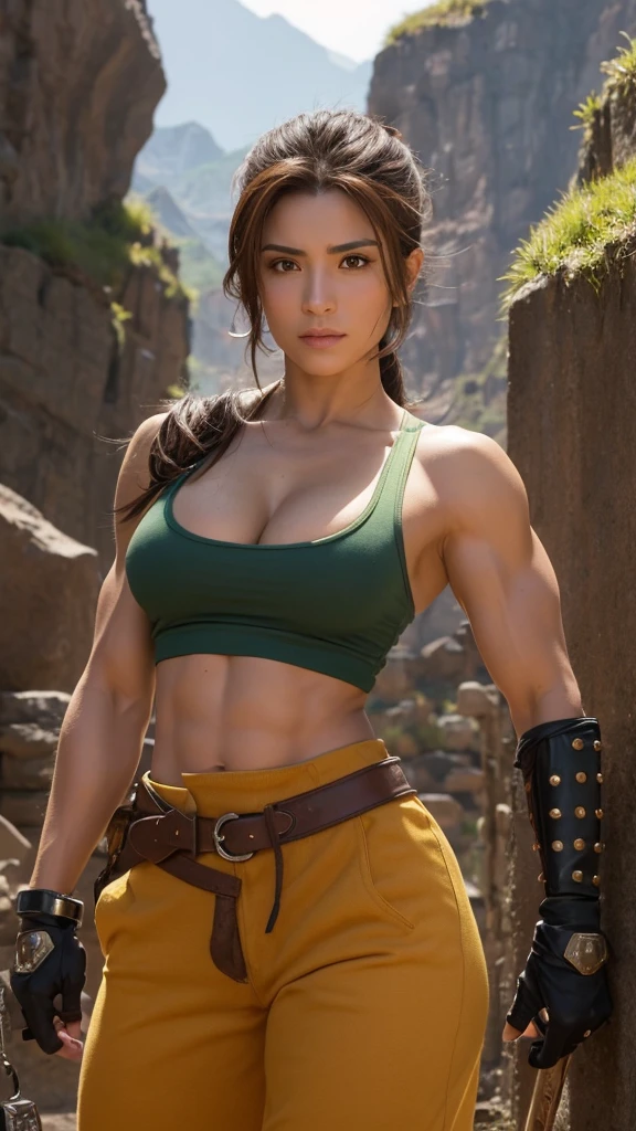 Create a live-action image of the gender-swapped version of Hassan (Carver) from Dragon Quest VI. The character should have short, spiky, light brown hair, identical in style and color to the original. The female version has an extremely muscular, bodybuilder-like physique, with arms as thick as her face, showcasing immense strength. Her chest is significantly larger, with the original orange tank top modified to reveal prominent cleavage while retaining the original design and color. The white cloth underneath the tank top is also preserved, along with the green pants, gloves, and boots, which should all match the original colors and design exactly. Her abs should be well-defined, with powerful shoulders and legs, fully reflecting her muscular build. The background should depict a rugged, mountainous terrain, emphasizing Hassan’s strength and resilience. The overall look should stay true to the character’s origins, translating it into a realistic, live-action style that emphasizes both her muscular build and feminine features, while maintaining the original design and color scheme of her clothing.