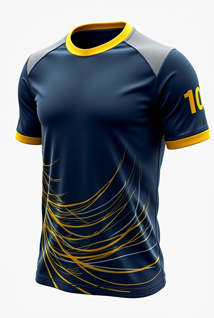 A sports t-shirt with a dynamic and striking design. The shirt has a deep navy blue base with an abstract swirl pattern covering the entire surface., giving a sense of movement, with a bright yellow outline, is positioned at the bottom left, symbolizing energy and determination. The collar and sleeve edges are highlighted with a contrasting yellow, adding vibrancy to the design. A small gray section around the collar breaks up the dark color scheme., providing balance to the overall look. The back shirtWith the number ten and gold details