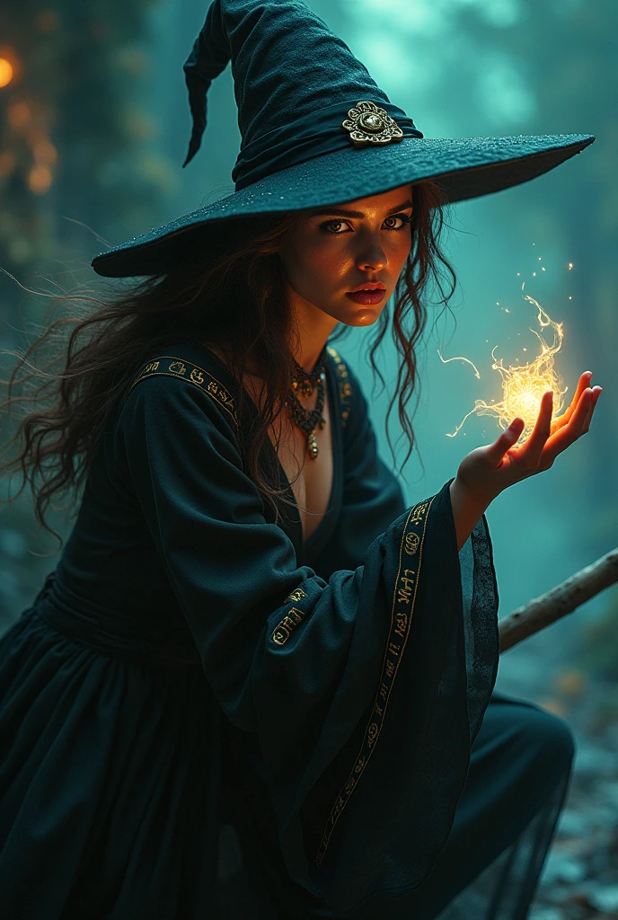 a beautiful sexy witch on a broomstick,pointing at the viewer,seductive gaze,detailed face and eyes,long flowing hair,intricate magical robe,glowing magical energy,dramatic lighting,dark fantasy,moody atmosphere,rich colors,cinematic composition,photorealistic