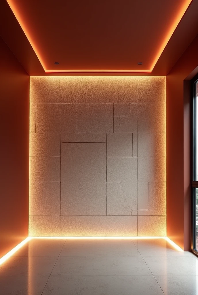 Empty room with natural white stone back wall and the other walls burgundy red with warm LED strip light on the ceiling and wall illuminating the stone wall