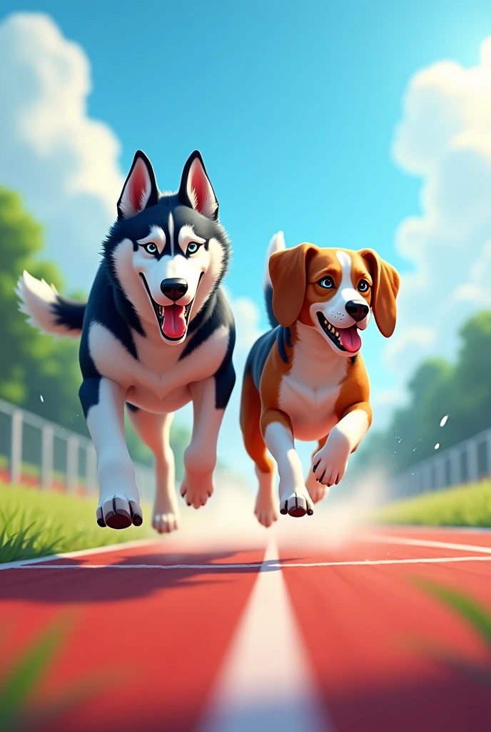 Image for a running club logo with an adult Siberian husky and an adult short-legged tricolor long-eared basset hound running towards the finish line as if they were in a race, that the animation is realistic and detailed