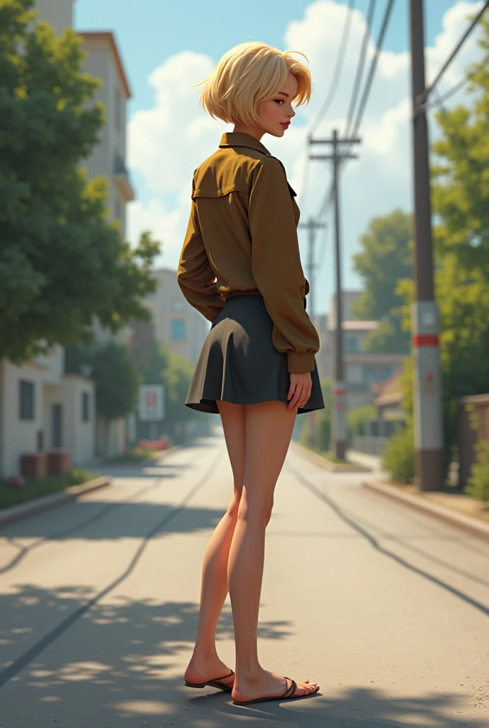 short hair blonde, Whole body, dressed in a skirt and jacket like in the 90s, back looking at something, like actress Meg Ryan, without road. And without heels