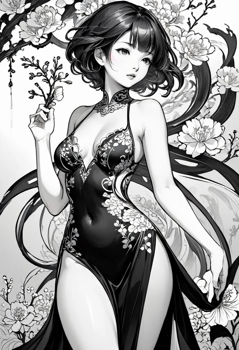 As a coloring book, white and black color, borders should be simple, clear, distinct, and thick lines, By Cartoon picture book of a beautiful Asian girl with short brown hair, A girl traditional ink body art style, (Use simple lines to outline a woman’s graceful figure), Take a step back, undulating lines, Thick and thin lines, line art, Black and white painting, character drawing, line art, lyrical abstraction