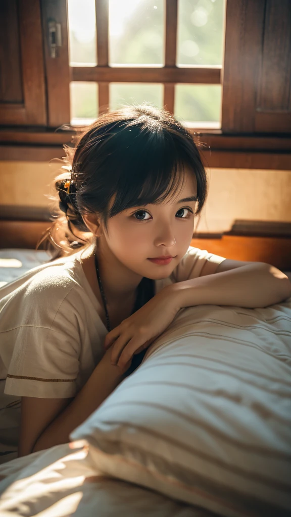 Masterpiece, 8K, photo realistic, RAW photo, 1girl, 20 years old, cute, kawaii, sit on bed, close up, sun rays from windows beside her bed, intricate details,