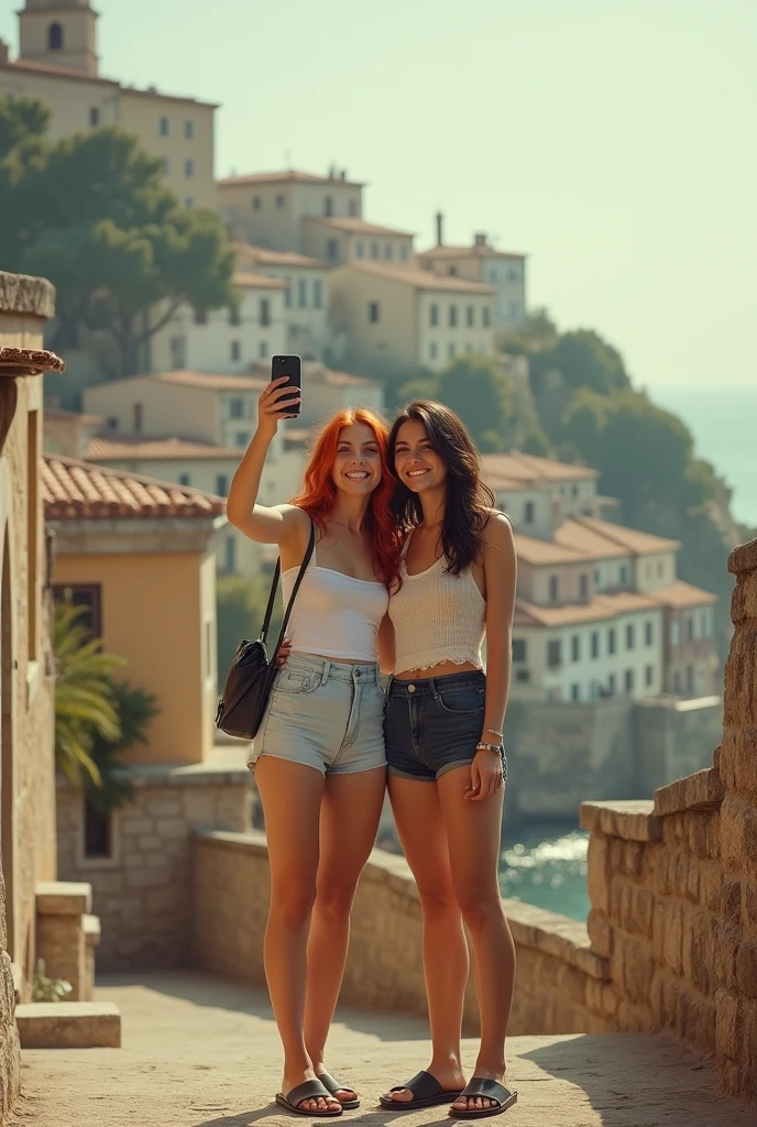 2 girl, redheadwear, taking a selfie in front of a typical building on one of Nice&#39;s hills. She wears shorts, tank top and flat sandals. Typical houses. FoggyEstilo de David Hamilton.