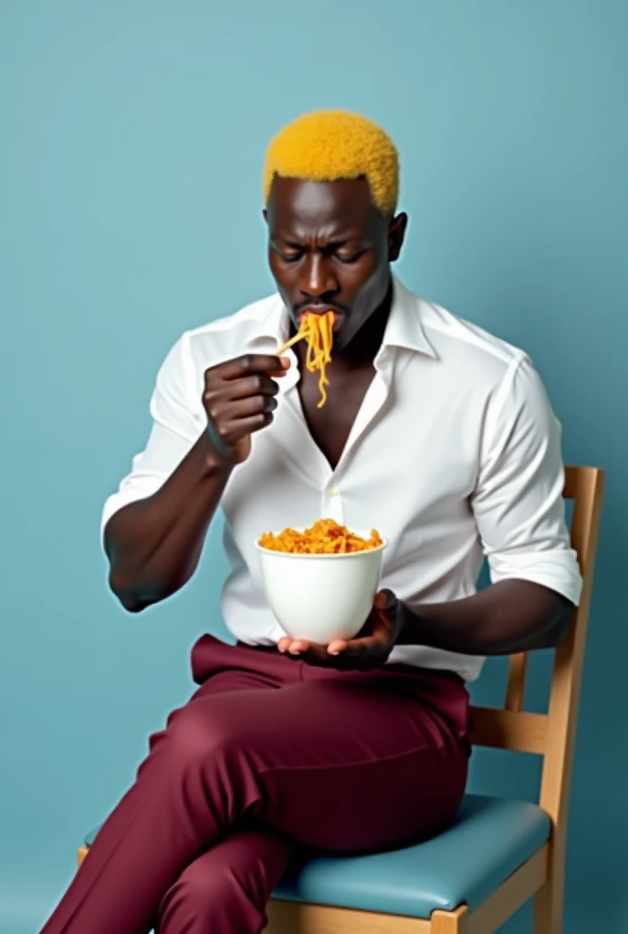 create a realistic black man with yellow hair wearing wine-colored pants and a white blouse eating pasta in the Sterofom Cup on a chair in the photographic background, the background color will be light blue