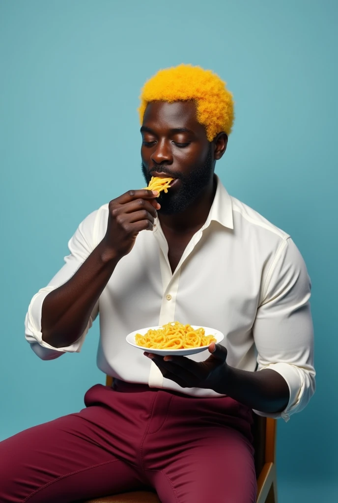 create a realistic black man with yellow hair wearing wine-colored pants and a white blouse eating pasta in the Sterofom Cup on a chair in the photographic background, the background color will be light blue