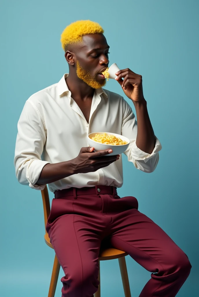 create a realistic black man with yellow hair wearing wine-colored pants and a white blouse eating pasta in the Sterofom Cup on a chair in the photographic background, the background color will be light blue