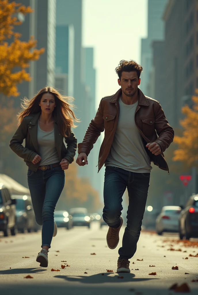 Realistic image of young man running chasing a woman who is running away from him