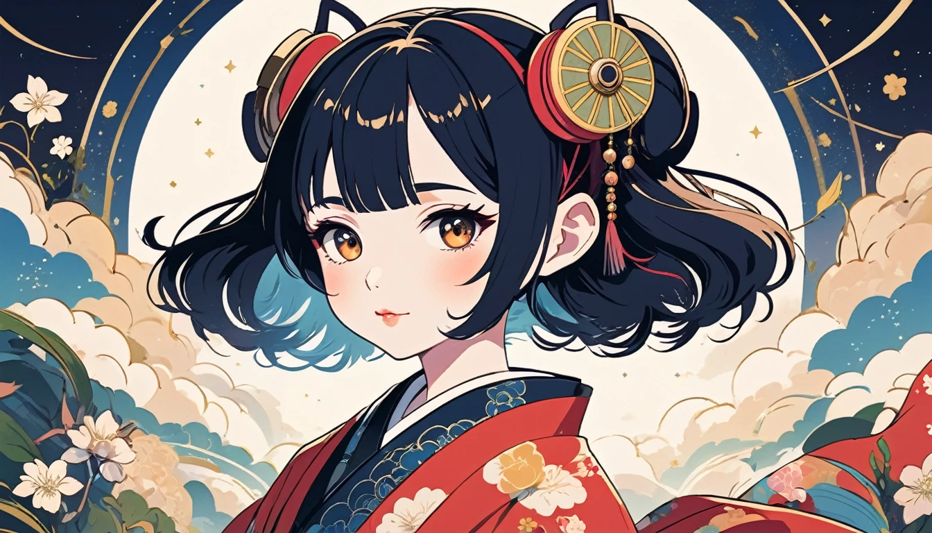 Oiran、Wide-angle lens, Lofi Anime, Lofi illustration, Aesthetic atmosphere, Lo-Fi Style, Vector art, Flat Design, Simple shape, Warm tones, Pleasant atmosphere, Chill, In anime style, Digital drawing, Vector art, Vector logo for t-shirt printing, (Adorable:1.5), (small:1.4), (Playful:1.2), (soft:1.3), (Whimsical:1.1), masterpiece, Highest quality, 8k, Intricate details, grow, Celestial, Mysterious, Picturesque, amazing, Majestic, Magic, Fantasy art, Cover art, dream-like