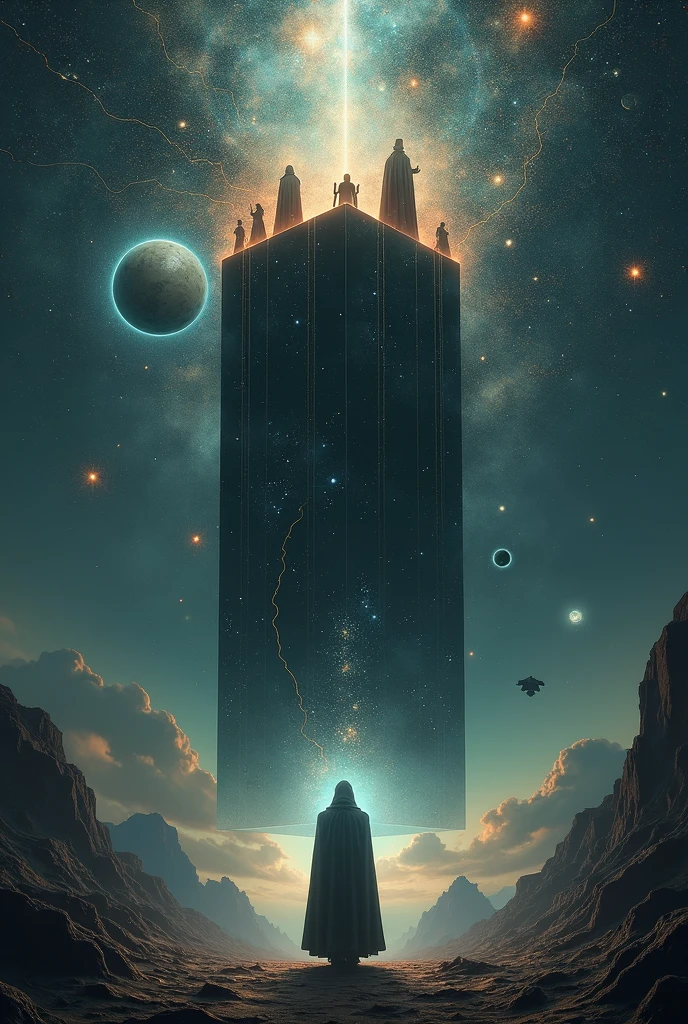 Black box out of space and time, idea of divine beings, interaction of the cosmos, neural network of a brain, hindu idea, brahma, daemons behind with alot alien ships watching over human population, resembeling man and spirits.