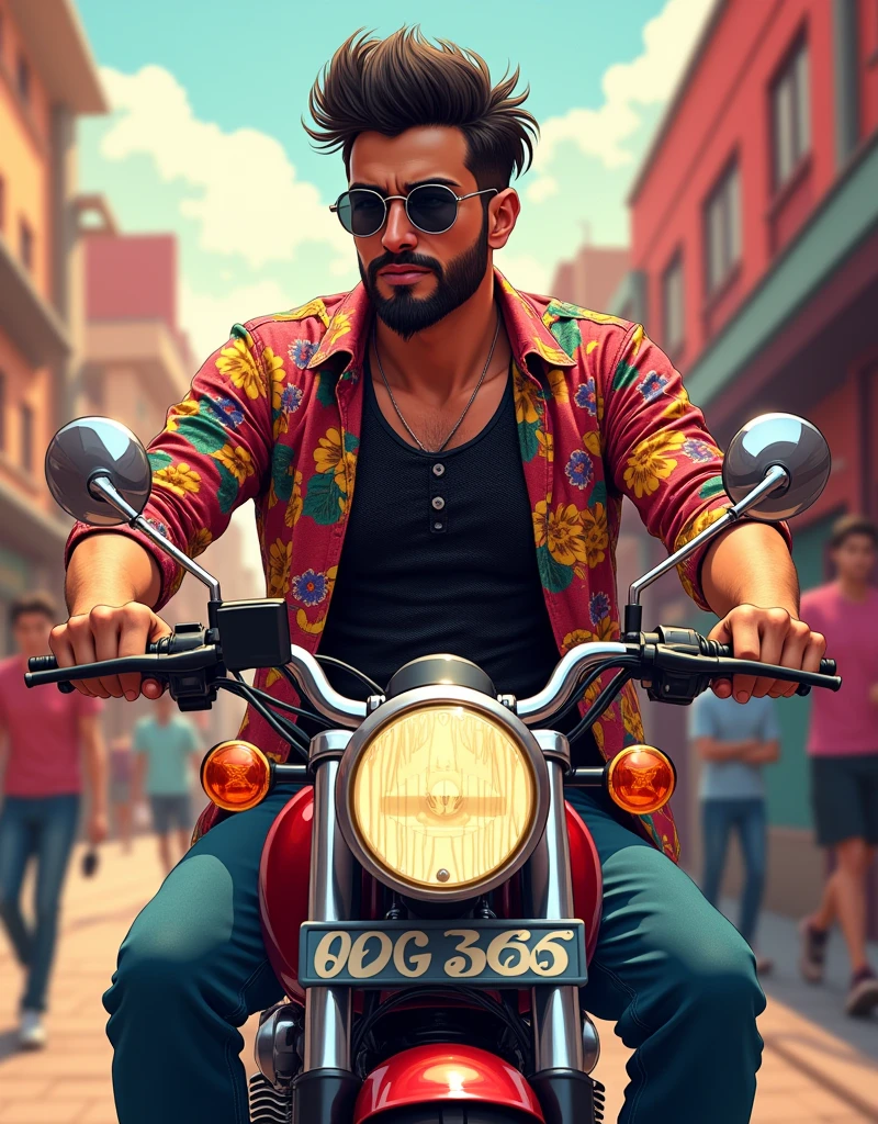 CREATE A ANIME STYLE LANDSCAPE IMAGE. Image is a vibrant and dynamic anime portrait featuring a 23 year male riding a motorcycle. The male has a well-groomed beard and mustache, with a medium skin tone and is wearing round, reflective sunglasses. He is dressed in a colorful, floral-patterned shirt over a black mesh top. The motorcycle is prominently displayed, with a red and chrome color scheme and a license plate reading 'ABG 6666'. The background is a blend of red hues with a faded architectural structure and a crowd of people, adding a sense of movement and energy to the scene.