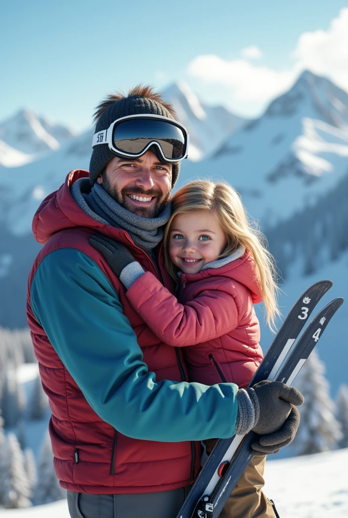  blonde  with blue eyes hugging her father dark brown hair and brown eyes skiing in Switzerland 8k ultra realistic photorealistic 