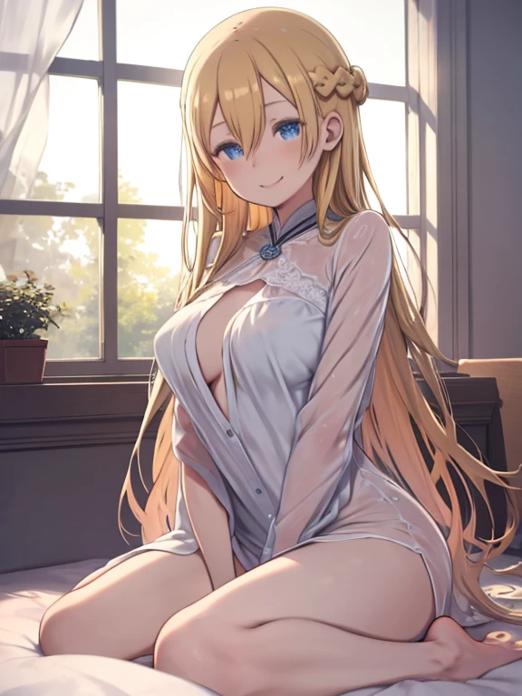 ((Highest quality、High resolution、Highly detailed CG Unity 8K wallpapers))、Detailed face、Perfect body、Unparalleled beauty、blonde、Beautiful breastodel pose、Embarrassing erotic smile、(translucent blouseshirt))、(camisole inner)、Maxi Tulle Long Skirt、Rococo Park、Mermaid Line、