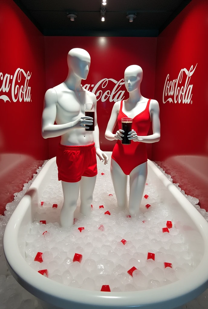 display case with a bathtub full of ice cubes with coca cola inside the ice cubes and inside the bathtub, a male mannequin in red swimming trunks and a female mannequin in a red swimsuit, with coca cola in both hands