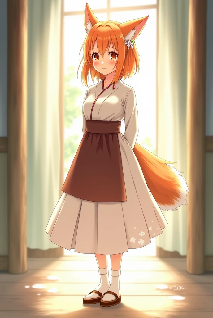 masterpiece, best quality, perfect lighting, 1 girl, one, senko, orange hair, orange eyes, fox ears, fox tail, flower hair ornament, white miko kimono, brown apron, white socks, geta sandals, smile, fang, hands behind back, pussy, lets up, naked