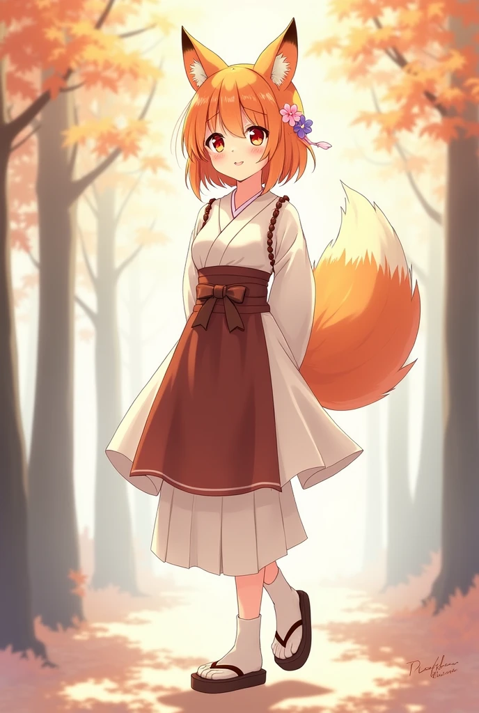 masterpiece, best quality, perfect lighting, 1 girl, one, senko, orange hair, orange eyes, fox ears, fox tail, flower hair ornament, white miko kimono, brown apron, white socks, geta sandals, smile, fang, hands behind back, pussy, lets up, naked