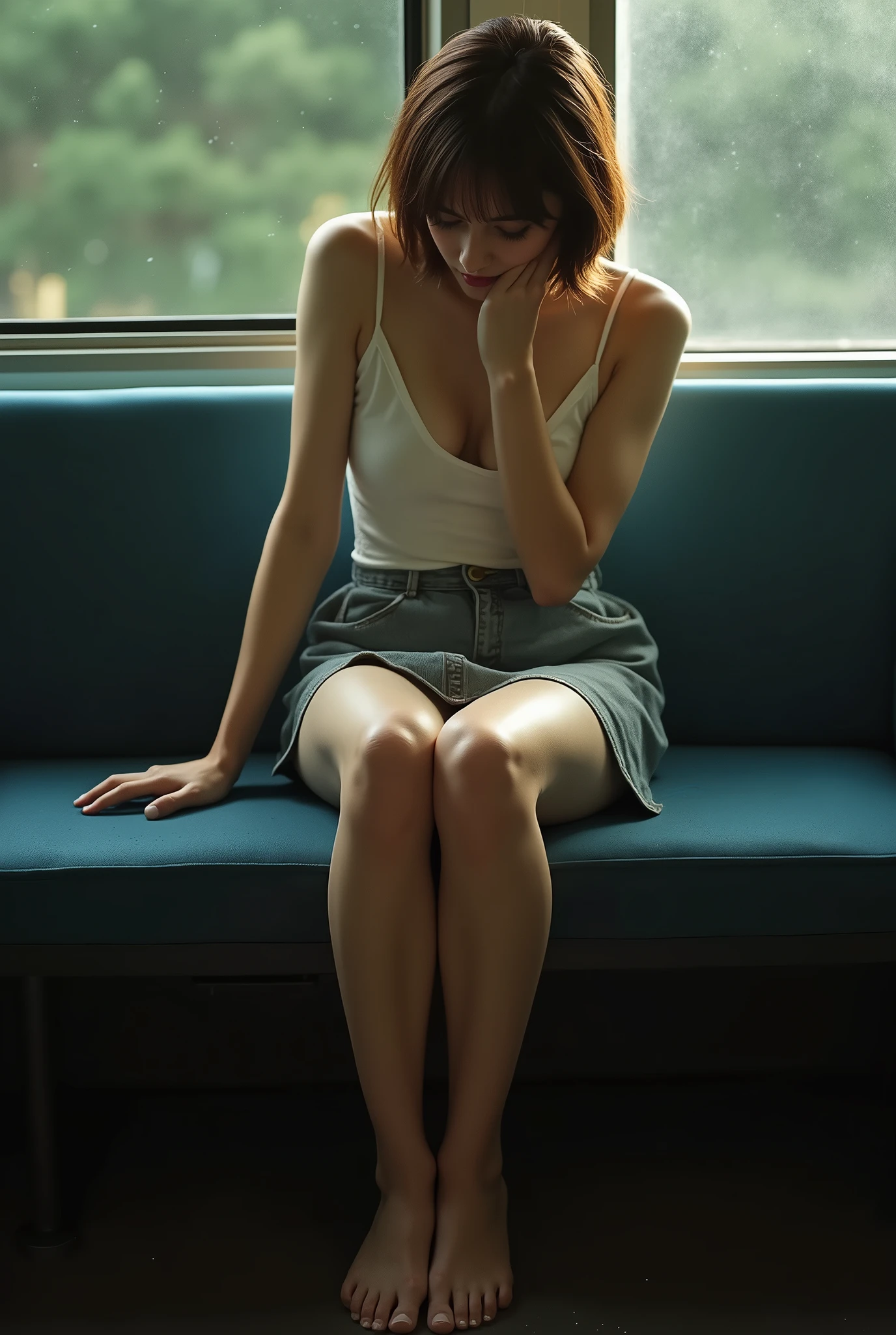 «(chedevr,to HD,Hyper HD,4K)Brown hair,very short, very short skirt,emphasizing the thighs,Light-colored thighs,Soft thighs,shiny stockings,Sitting on the train,Face to face perspective,(bottom corners),sitting in a train seat,Sits in front,The camera moves closer to the groin,Feet on the floor of the train,full body, lesbian,He lowered his head and fell asleep,looking only at the viewer," Best quality, Hyper HD, (Straighten your legs: 1.4), , a high resolution, detail, RAW-фотограф, Drastic updates, Photo film Nikon D850. photo by Lee Jeffries. 4 Camera Kodak Portra 400 F1..6 shots, rich colors, Ultra-realistic animated textures, dramatic lighting, illusory engine, art station, Cinestir 800 trend,