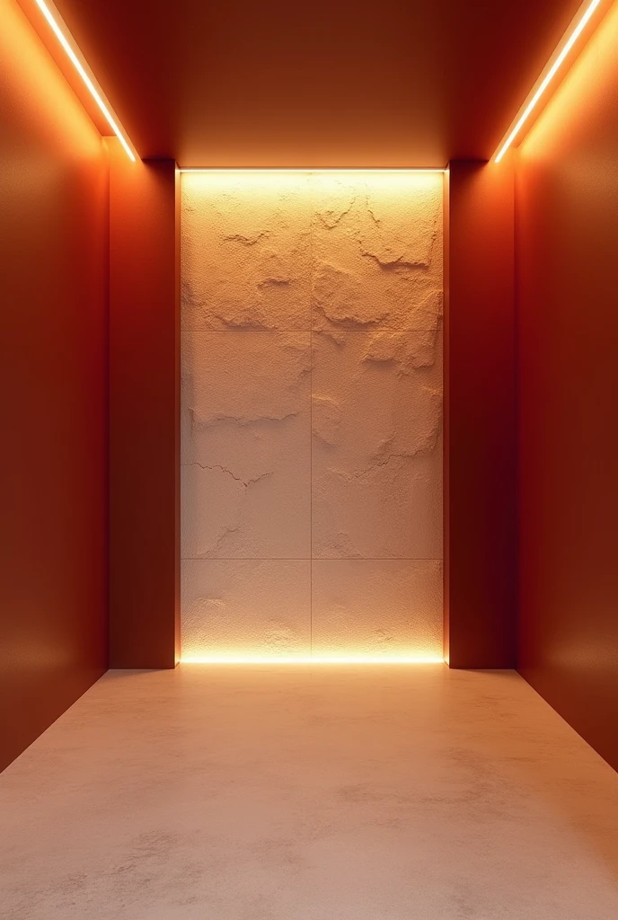Empty room with natural soft stone back wall and the other walls burgundy red with warm LED strip light on the ceiling and wall illuminating the stone wall