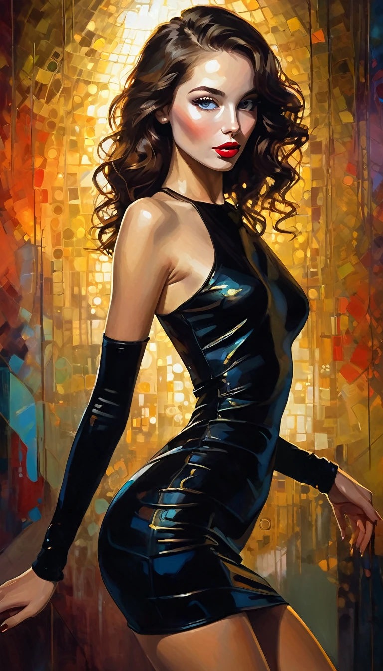 very sexy girl, tight black dress, long dark brown hair, small breasts, in the club, perfect ass, dances, has fun, eroticism, sexy, (best quality, 4k, 8k, high resolution, masterpiece: 1.2), ultra detailed, (realistic, photorealistic, photorealistic: 1.37), intricate details, vivid colors, sharp focus, professional, artwork by Dave McKean, surreal oil touch, oil painting style, portrait, woman, beautiful detailed eyes, beautiful detailed lips, dreamy atmosphere, shadow play, soft and fun pose lighting, dark tones, ethereal background, fantasy elements, texture, layered composition, disco background, art inspired by Bill Sienkiewicz and Dave McKean.
