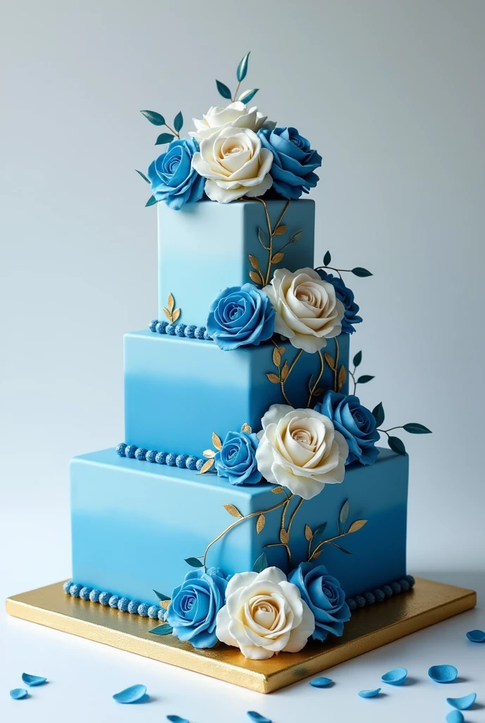 Large square blue and white birthday cake with blue and white roses and gold petals and details 