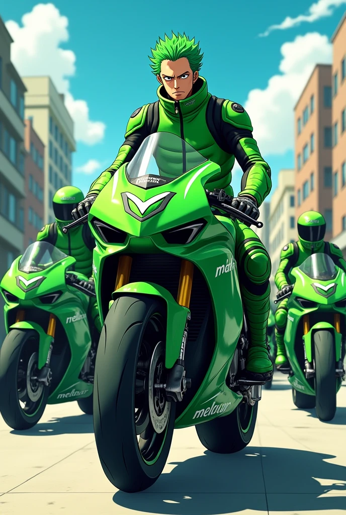 Anime One Piece Zoro is joining the moped motorcycle group , Green motorcycle clothing color , on the front of all the clothes there is the word Meluncur , nike clothing brand