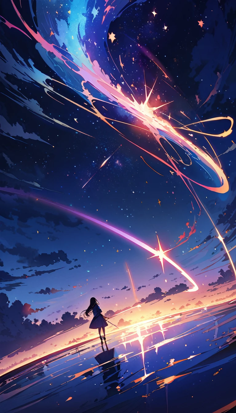 ((Highest quality)), ((masterpiece)), ((Ultra Wide Angle)),night,woman、,The water surface is like a mirror,Connect with the universe、Look at the sky,mysterious、