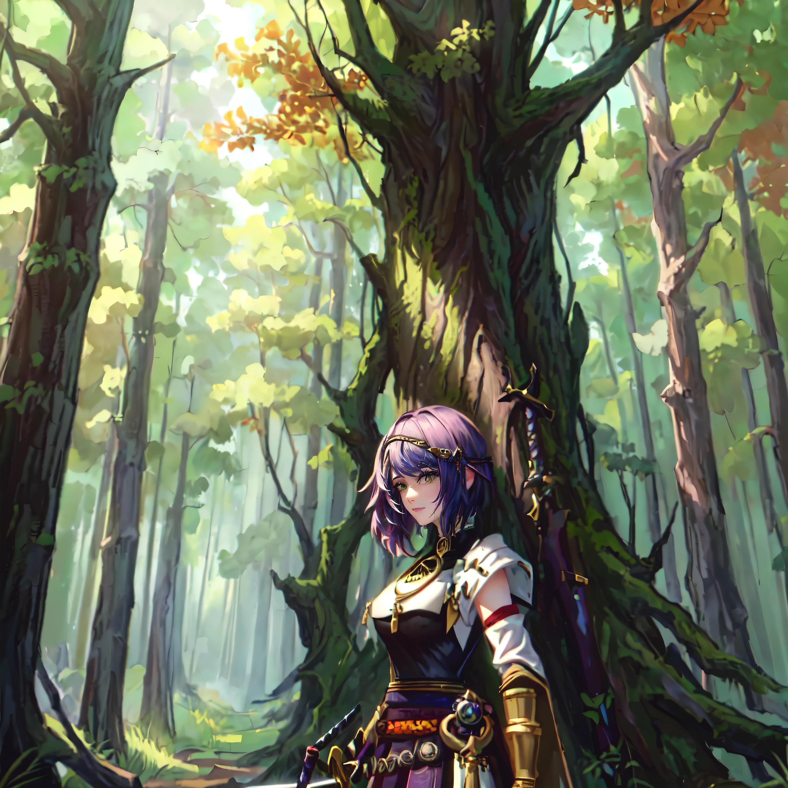 arafed woman in a forest with a sword and a sword, 2. 5 d cgi anime fantasy artwork, forest hunter lady, alena aenami and artgerm, portrait of a forest mage, artgerm julie bell beeple, epic rpg portrait, detailed digital 2d fantasy art, Artstation contest winner, cushart krenz key art feminine