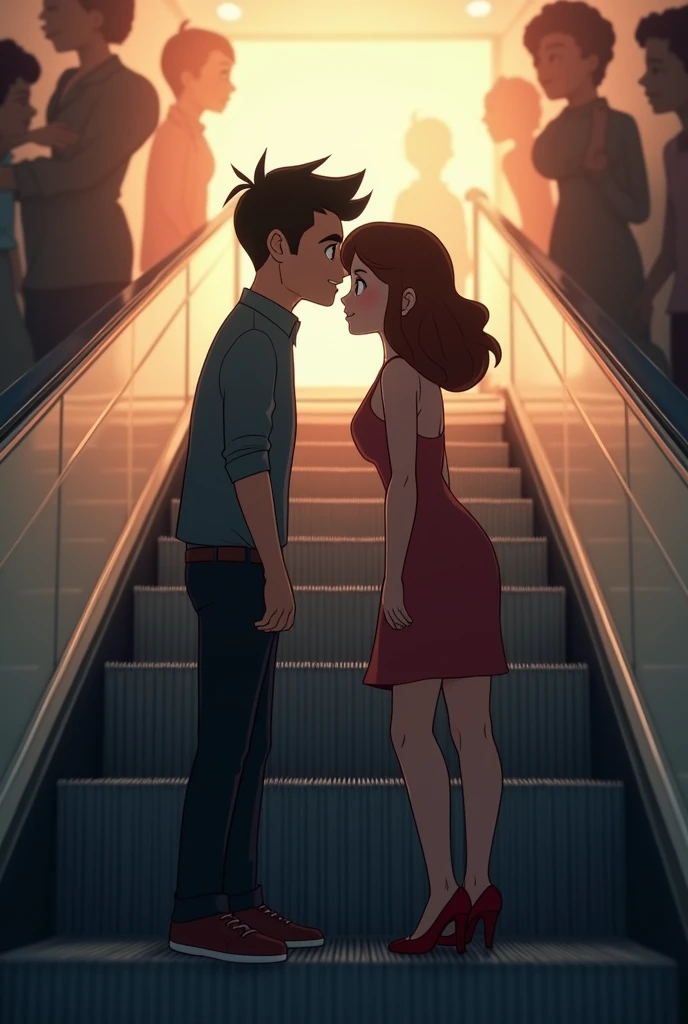 An animated photo where A guy put his head in the back of a girl in a escalator(while it was going up) the guy and girl are in light and others are just shadow 
