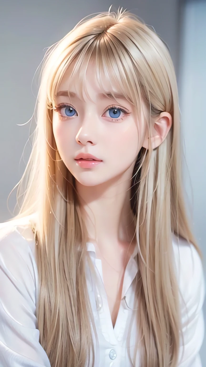 A very beautiful Nordic girl、Super long silky shiny metallic butter blonde hair、Cute beautiful girl with sexy messy bangs、Hair above the eyes、片Hair above the eyes、Hair between the eyes、uniform、Super long beautiful blonde hair、Beautiful bangs between the eyes、Very beautiful cute face、Cute beautiful gentle expression、high school girl、Big, pale, very bright sky blue eyes that shine beautifully、Small Face Beauty、Round face、Snow-white glossy skin、
