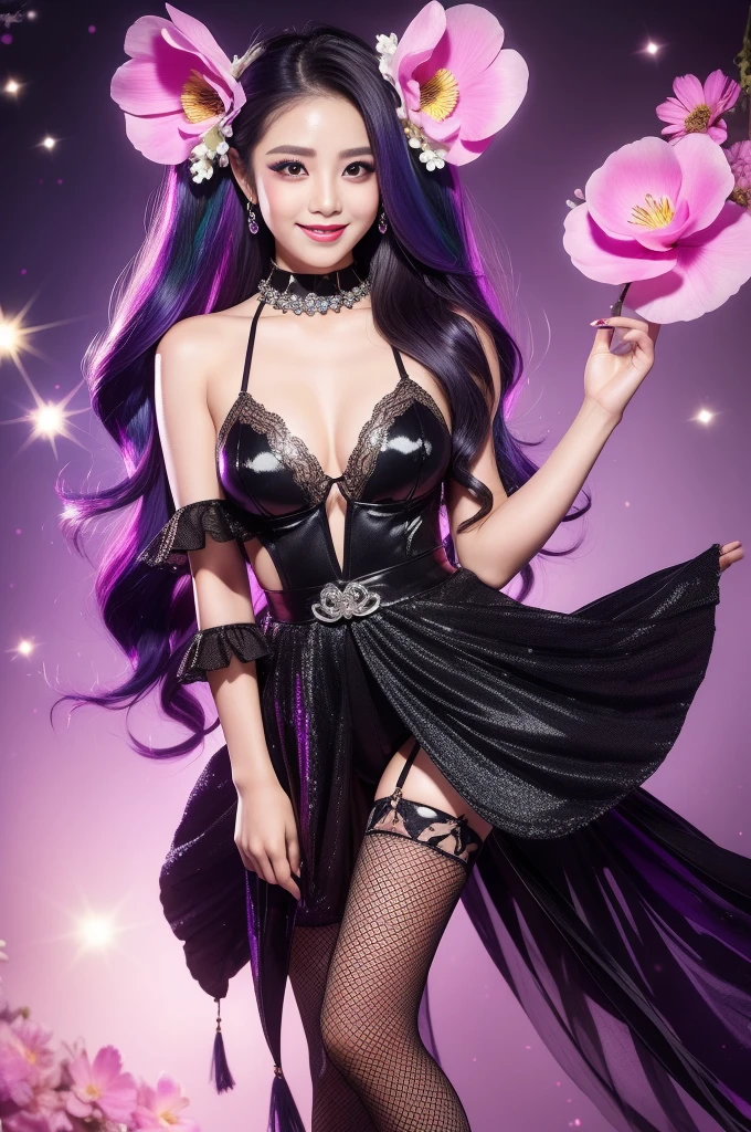 sexy Thai model who controls poison、beautiful smile、lipgloss、long lashes、smokey eyeshadow、look at the camera、full body Esbian、、sparkling poisoned flower costume、、、、sparkling Colorful hair、secrete poison、skull hair accessories、fishnet tights、shiny sparkling flowers background