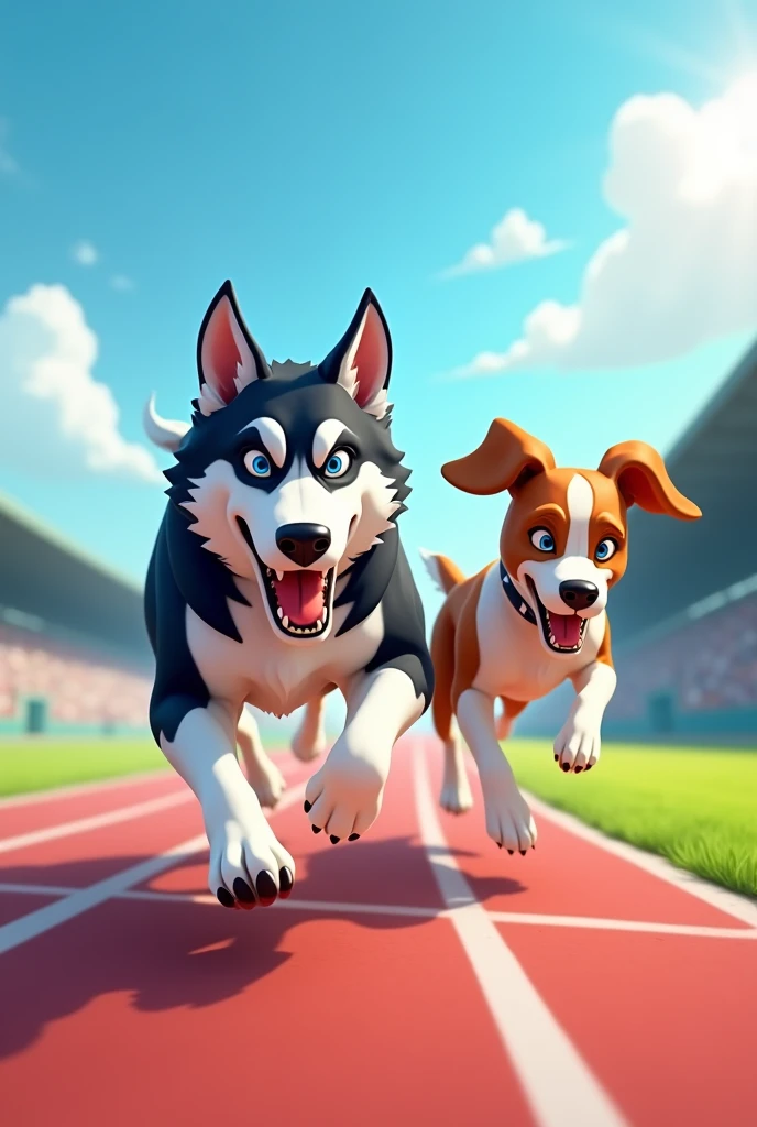 Image for a running club logo with an adult Siberian husky and an adult short-legged tricolor long-eared basset hound running towards the finish line as if they were in a race, that the animation is realistic and detailed