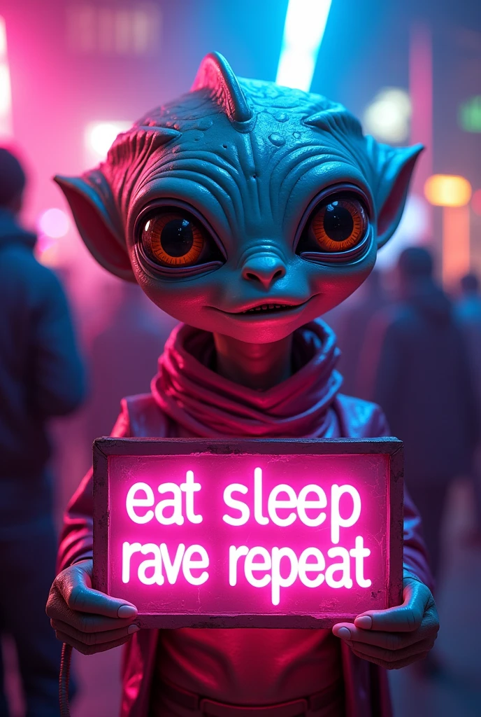 a friendly alien in a rave,holding a glowing neon sign that reads "eat sleep rave repeat",vibrant colorful lights,detailed futuristic costume,intricate alien features,highly detailed face,large expressive eyes,dramatic lighting,neon glow effects,(best quality,4k,8k,highres,masterpiece:1.2),ultra-detailed,(realistic,photorealistic,photo-realistic:1.37),sci-fi,cyberpunk,luminous,neon colors