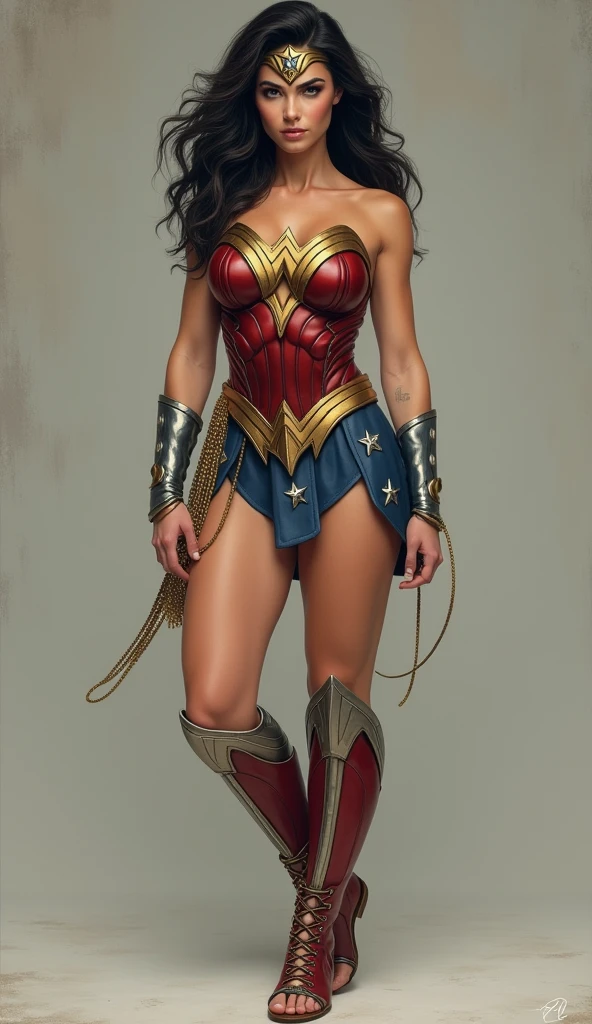 ((Full body photo, standing, feet on the ground))Wonder woman ticklish feet, gladiator sandals above the knees.