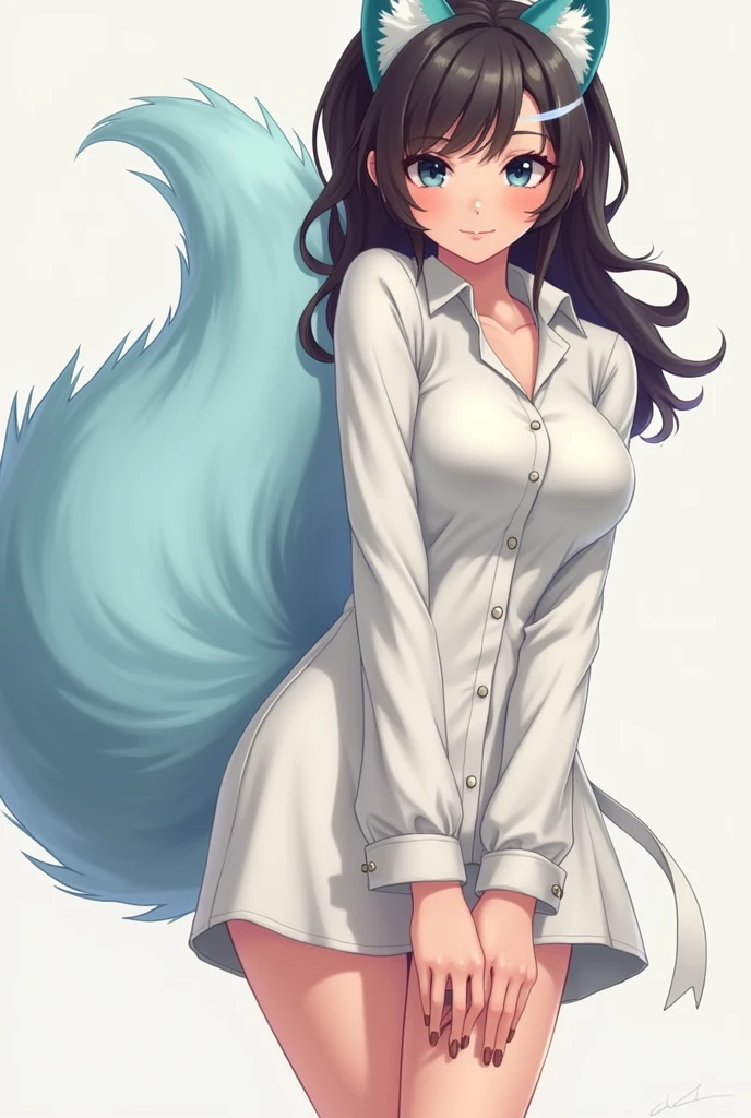 Anime style draw of a woman, view from her hips and above, dress with only a long white button shirt that covers until her tighs, legs slightly open and a fluffy light blue animal tail behind her legs