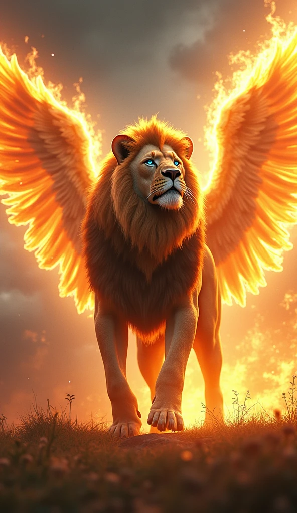 Gerenuma ultra realistic 8k image of a lion with angel wings on fire strong, big fit ass , handsome with blue eyes next to the Angel of God