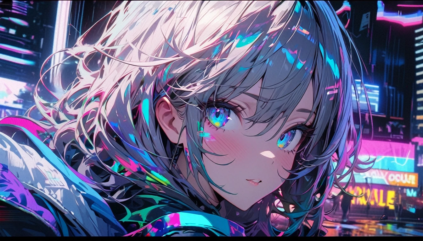Highly detailed, high quality, masterpiece, beautiful, (Glitching, glitch) 1girl,neon lights, detailed,