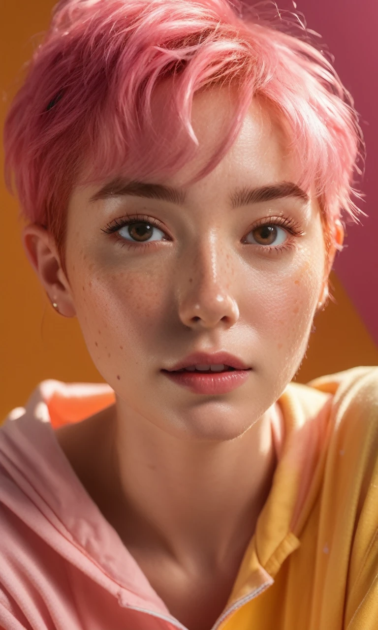 (masterpiece,best quality, ultra realistic,32k,RAW photo,detail skin, 8k uhd, dslr,high quality, film grain:1.1), short hair , pink hair hair:1.1,portrait,lady, brown eyes, DayGlo yellow Pajama pants and oversized t-shirt, freckles, (Rust gradient background,led light, edge light, simple background)