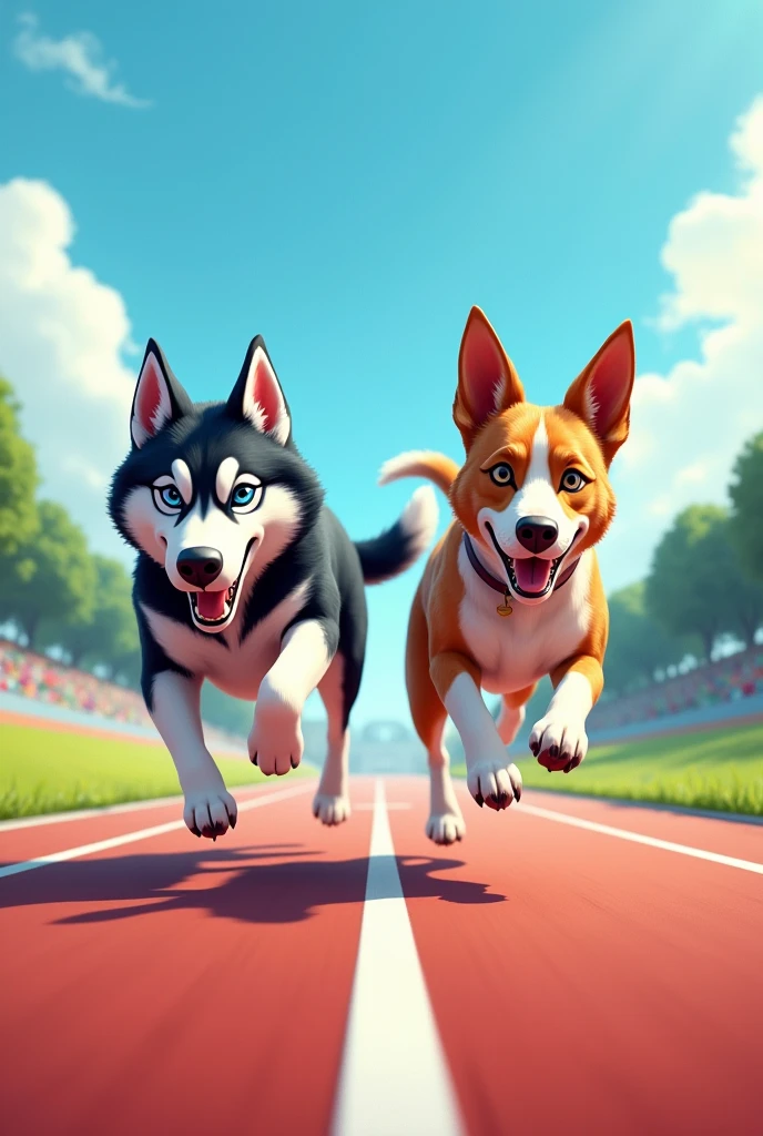 Image for a running club logo with an adult Siberian husky and an adult short-legged tricolor long-eared basset hound running towards the finish line as if they were in a race, that the animation is realistic and detailed