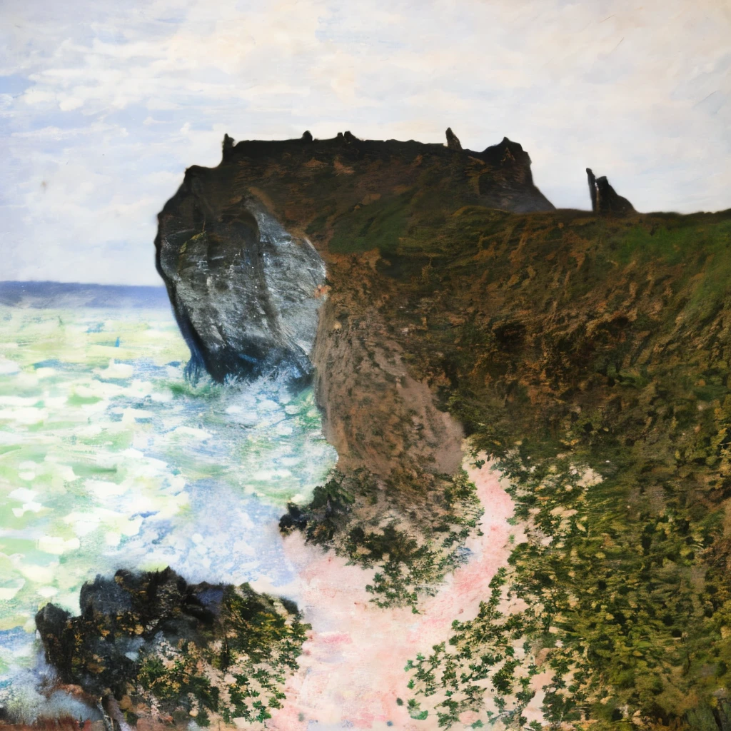 Painting modern young women using the techniques of Claude Monet、Woman standing on cliff、laughing