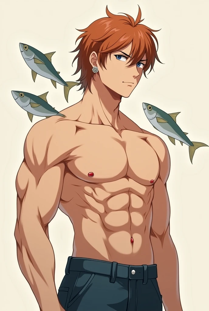 make a young man strong, medium hair, offwhite, chestnut hair, anime style earrings and sardines