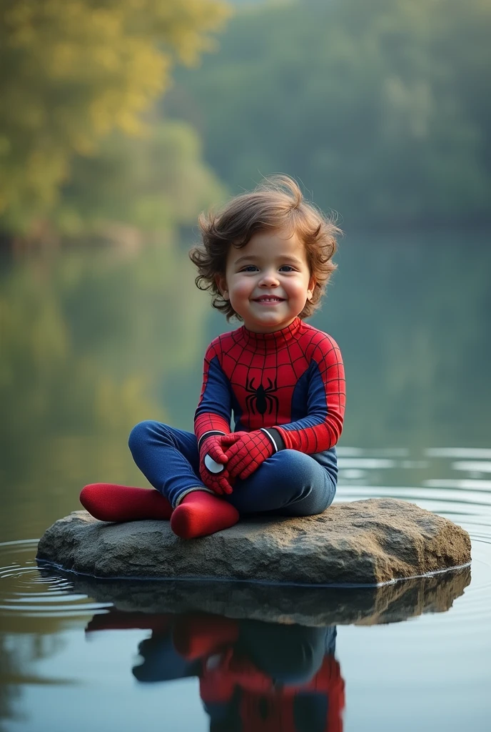 Disney, child about , Sitting on a stone, facing the front. The stone is in the middle of a lake, Then, your feet touch the surface of the water. A serene smile lights up your face, conveying a sense of joy and inner peace. His outfit consists of a Spider-Man costume., and their feet are dressed in stockings, with legs relaxed, his feet hang down while he is sitting . In his hand he had a cloth mask.