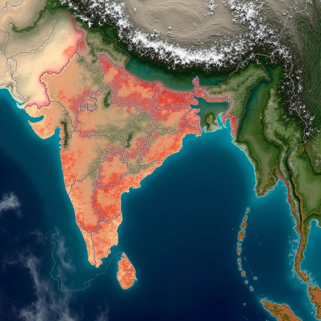 Visual Prompt: A satellite image or map showing the overflow of rivers from India into Bangladesh, with affected areas highlighted in red or blue to indicate flooding.