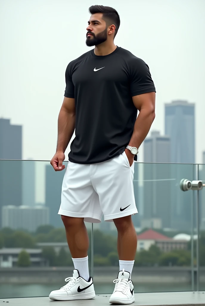 A handsome white skinned man, with beard, con short nike blanco, white jordan retro shoes, white nike socks, black nike t-shirt, white clock, looking towards the horizon with a city in the background